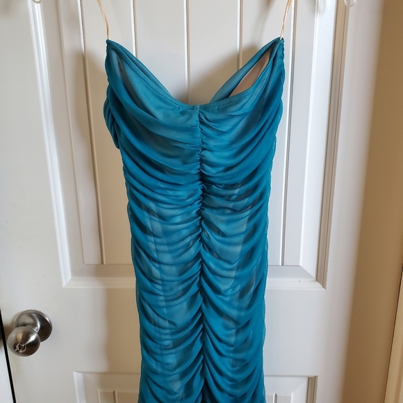 🌿Teal sheer cocktail dress with Nude lining - Picture 2 of 4